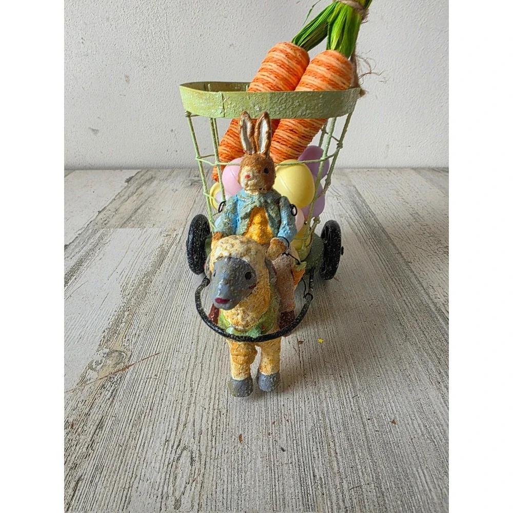 Vintage Easter Bunny cart jointed glitter crackle statue figurine rabbit